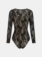 Fitted black mesh bodysuit with long sleeves and intricate lace floral motifs throughout.