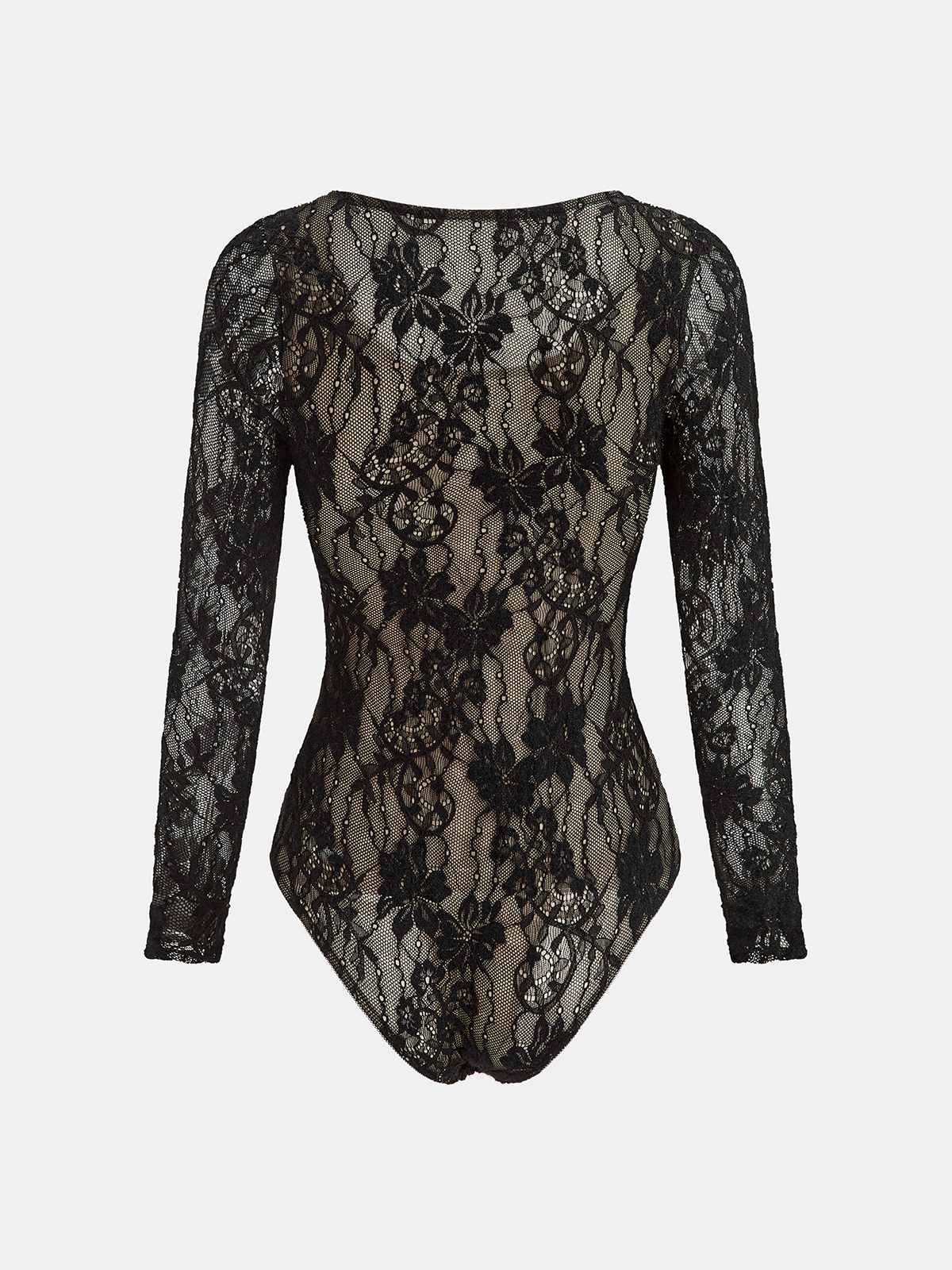 Fitted black mesh bodysuit with long sleeves and intricate lace floral motifs throughout.