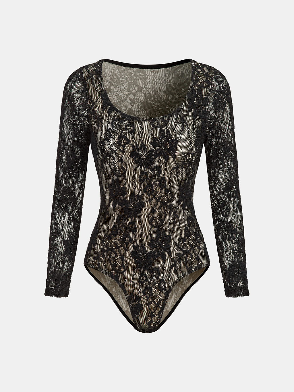 Black fitted mesh bodysuit with sheer sleeves, scoop neckline, and intricate floral lace pattern.