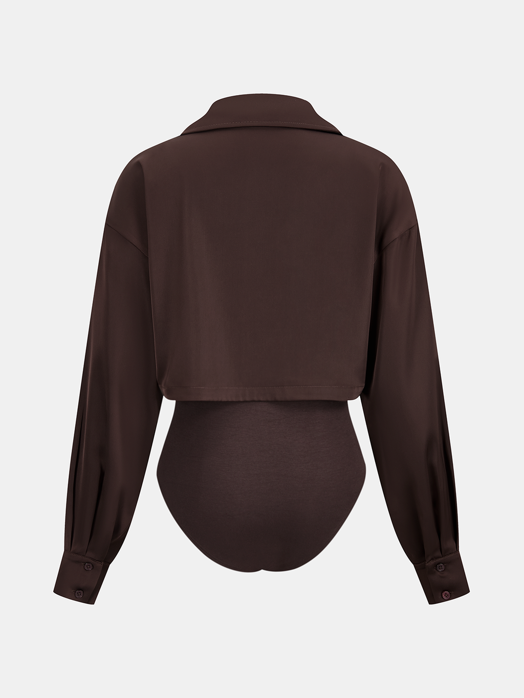 Cropped satin panel shirt bodysuit with collar, buttoned cuffs, and dual design from the back.