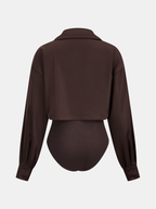 Cropped satin panel shirt bodysuit with collar, buttoned cuffs, and dual design from the back.