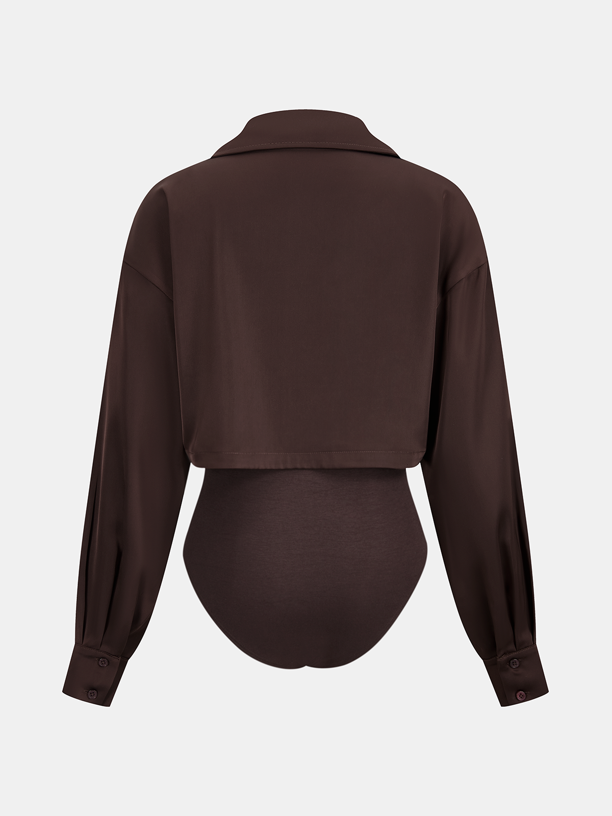 Cropped satin panel shirt bodysuit with collar, buttoned cuffs, and dual design from the back.