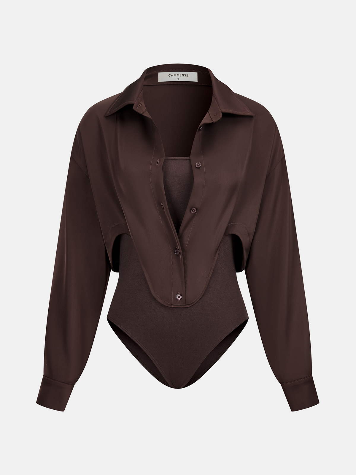 A dark brown satin panel shirt bodysuit with long sleeves, button front, and sleeveless base.