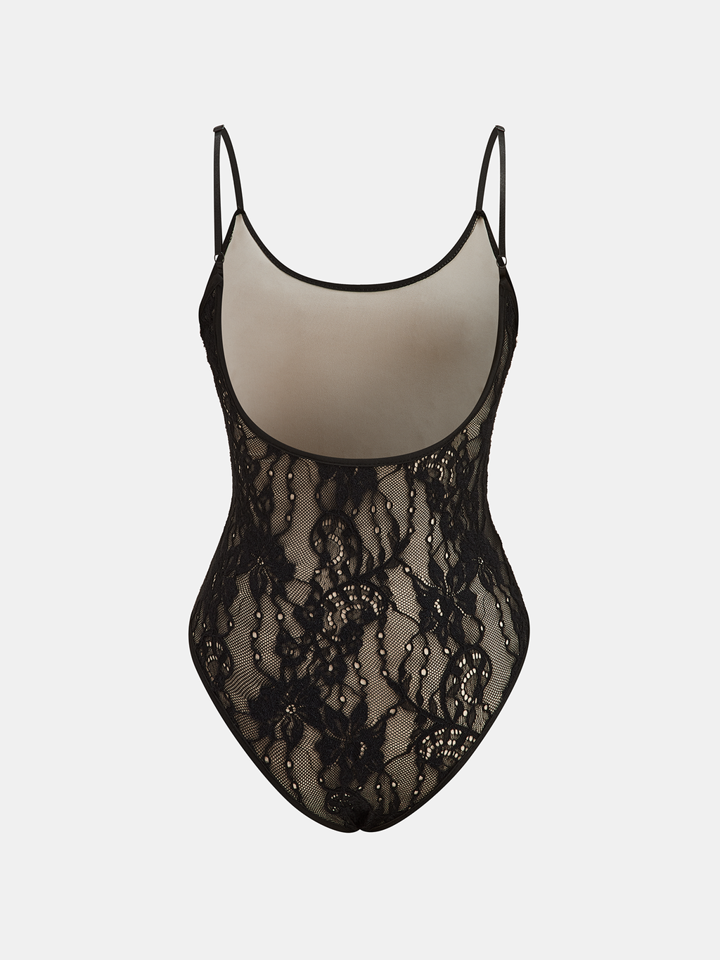 A backless cami bodysuit with semi-sheer floral lace, thin straps, and scoop neckline.