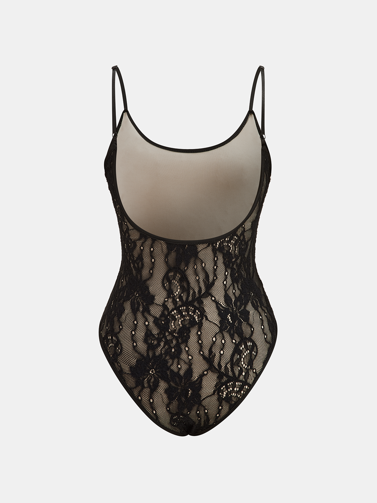 A backless cami bodysuit with semi-sheer floral lace, thin straps, and scoop neckline.