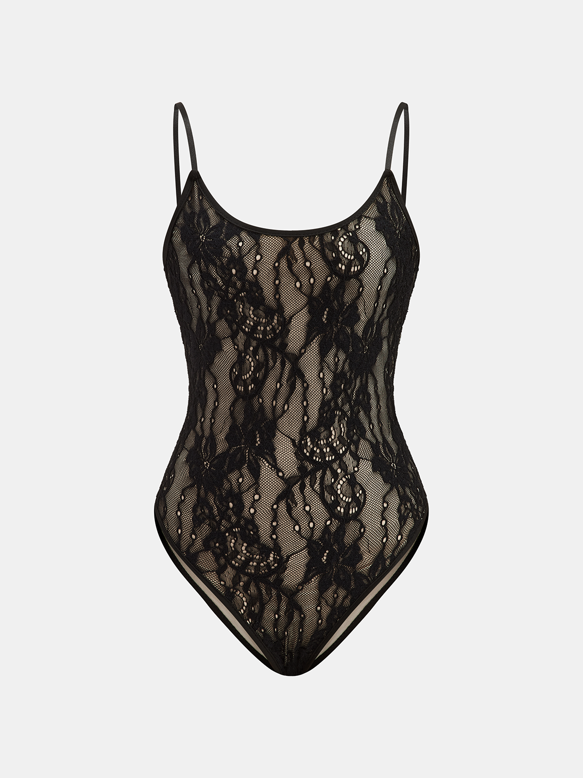 Elegant lace backless cami bodysuit with thin straps, floral detail, and nude lining.