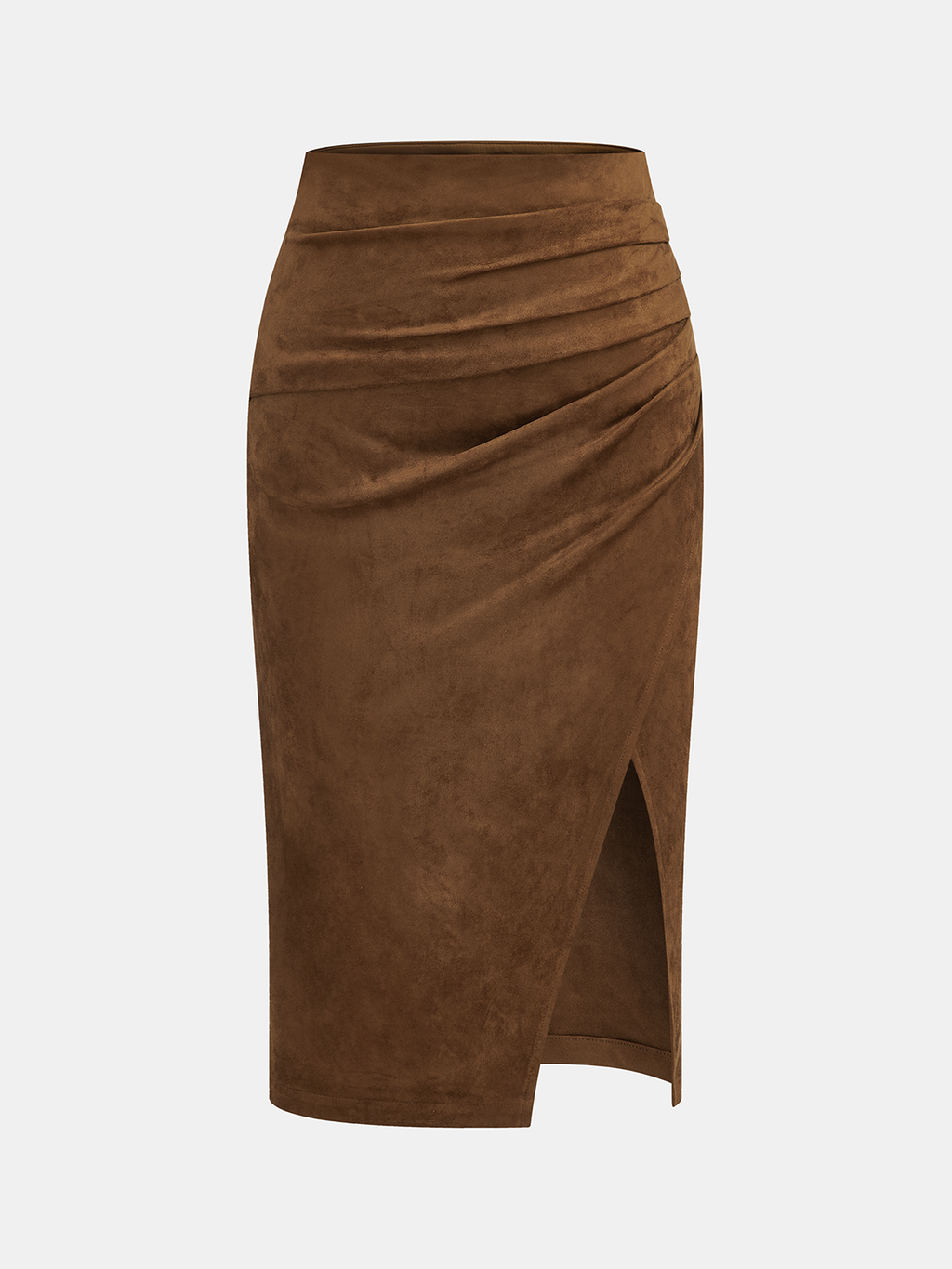 Suede midi skirt with leather trim, waist tie, high waist, and a front slit.