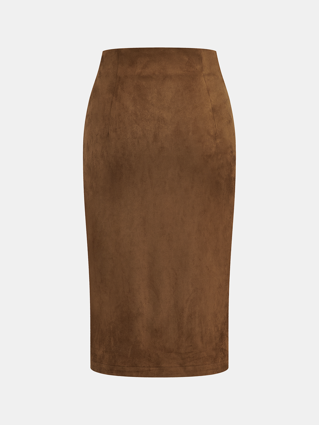 A high-waisted suede midi skirt with leather trim and waist tie, offering timeless elegance.