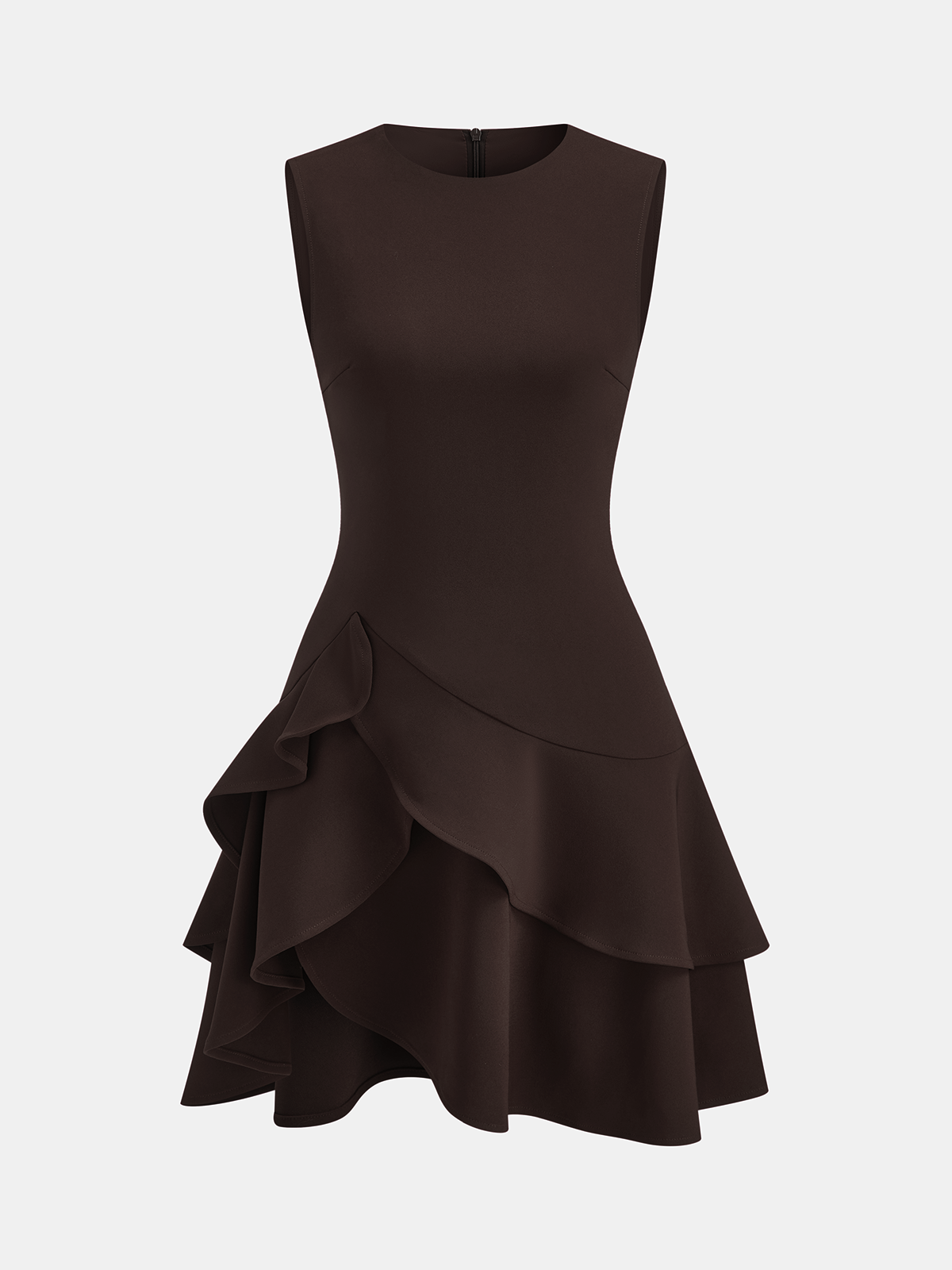 Sleeveless mini dress with fitted bodice, crew neck, asymmetric ruffle hem in dark brown.
