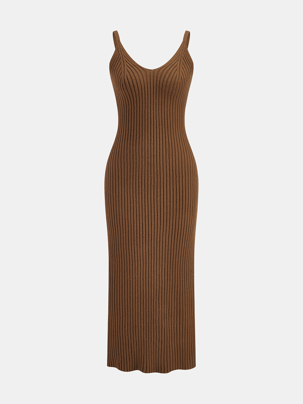 Sleeveless brown ribbed-knit midi dress with fitted silhouette and scoop neckline, plus matching cropped sweater.