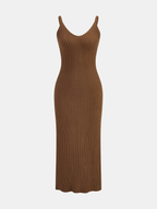 Sleeveless brown ribbed-knit midi dress with fitted silhouette and scoop neckline, plus matching cropped sweater.