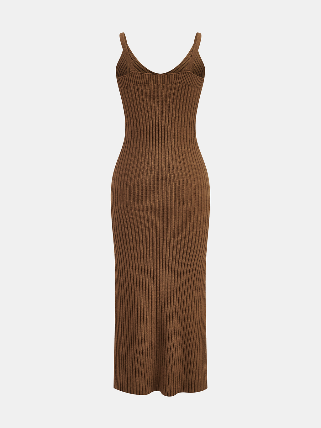 Sleeveless, form-fitting brown ribbed knit cami dress with scoop neckline and ankle-length hem.