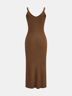 Sleeveless, form-fitting brown ribbed knit cami dress with scoop neckline and ankle-length hem.