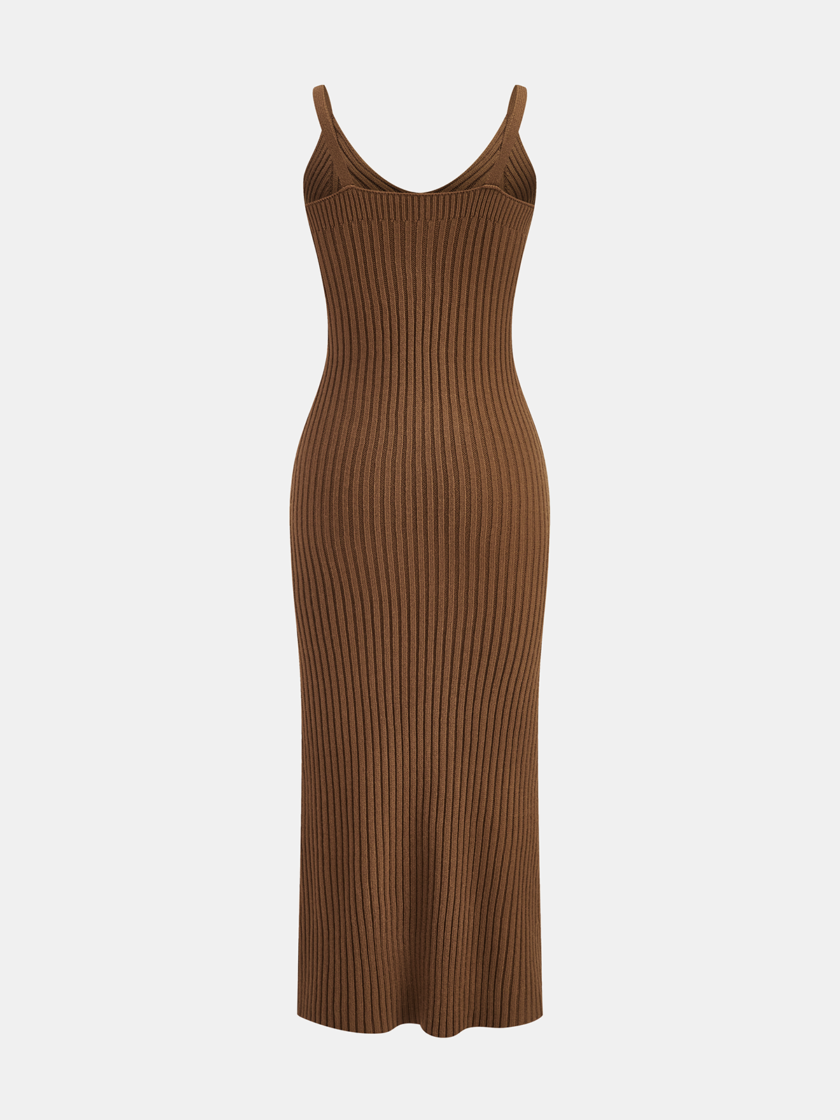 Sleeveless, form-fitting brown ribbed knit cami dress with scoop neckline and ankle-length hem.