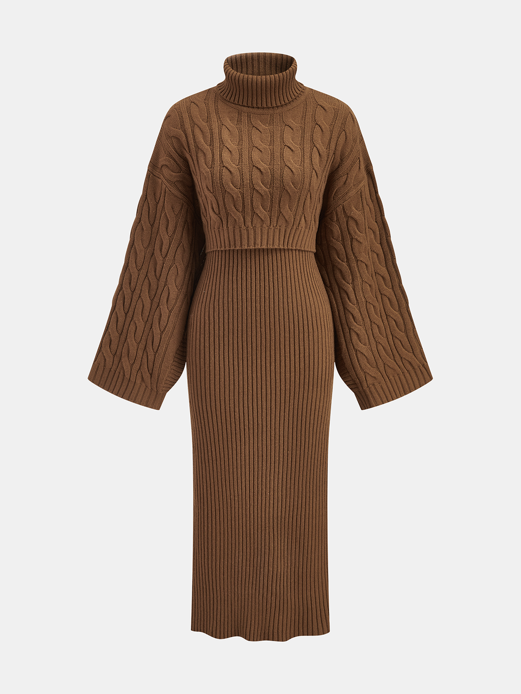 Brown cable-knit sweater with wide sleeves paired with fitted, vertically ribbed cami dress.