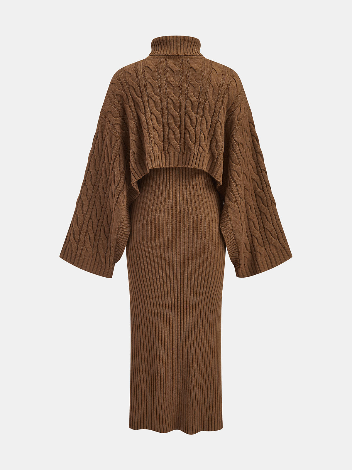 Brown cable-knit sweater layered over a fitted ribbed cami dress in a duo set.