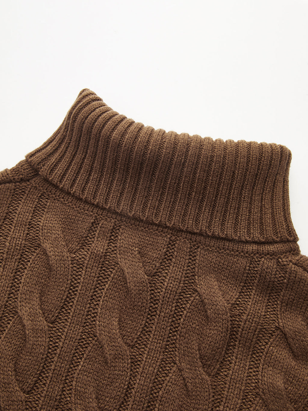 Brown cable-knit sweater with thick ribbed turtleneck collar and matching cami dress duo.