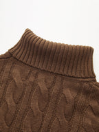 Brown cable-knit sweater with thick ribbed turtleneck collar and matching cami dress duo.