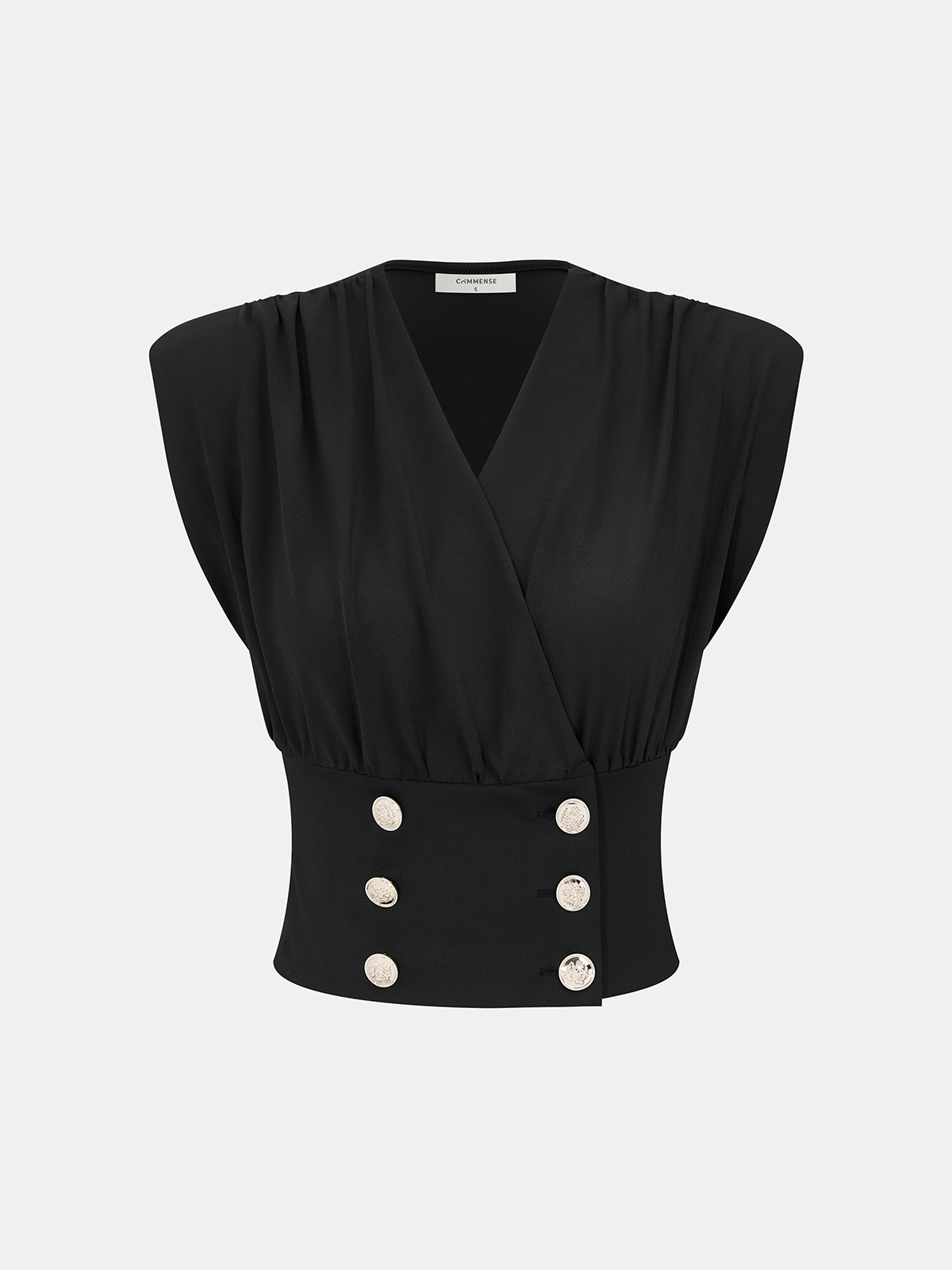 Black slim-fit sleeveless blouse with gathered shoulders, wrap front, fitted waist, metallic buttons.