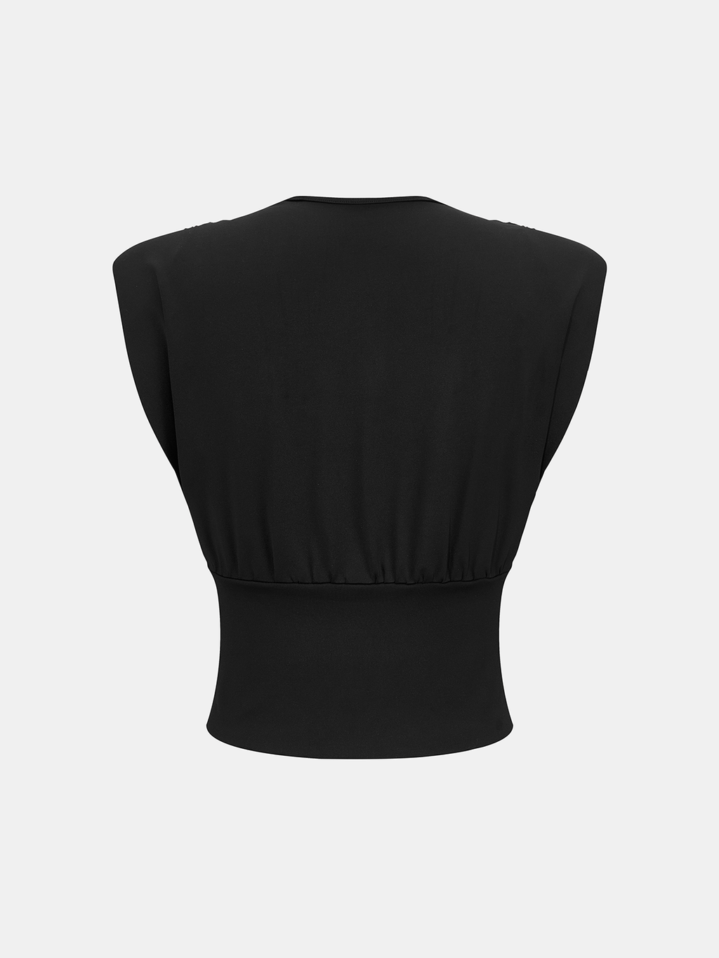 Black V-neck sleeveless double-breasted blouse with wide shoulders and a fitted waist.