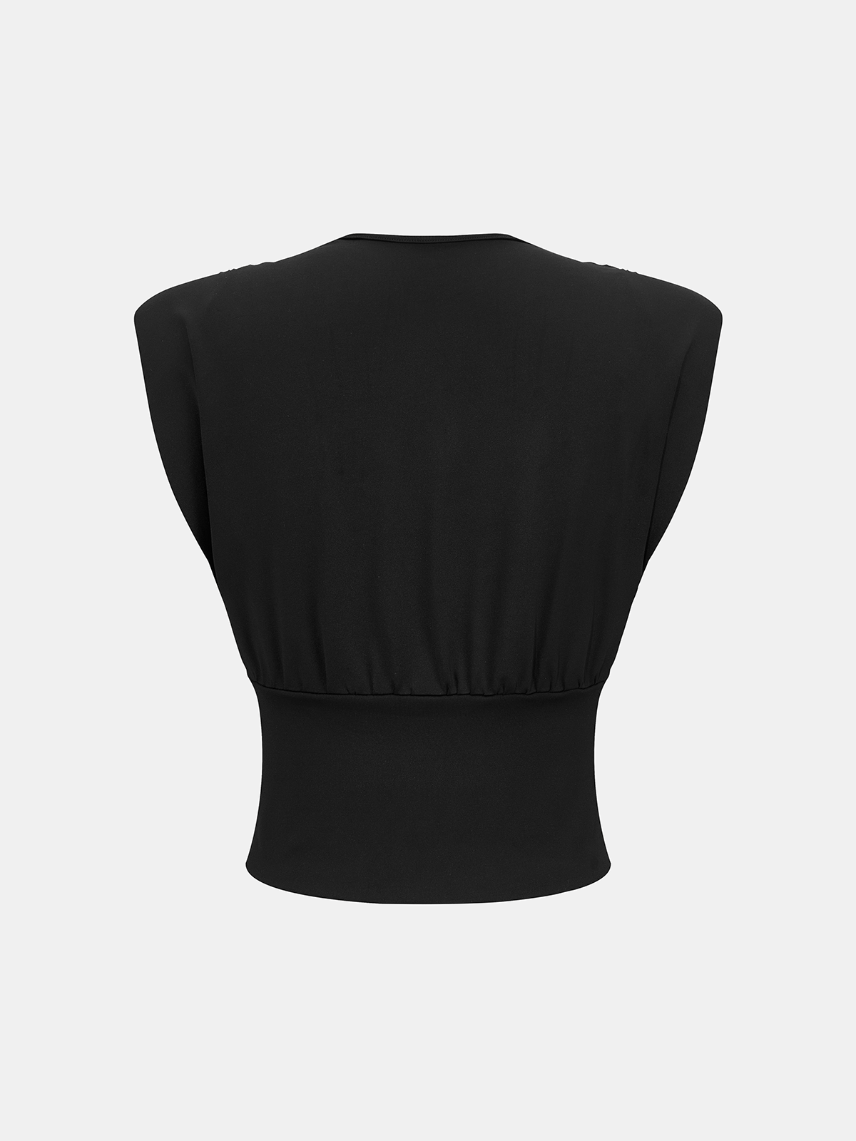 Black V-neck sleeveless double-breasted blouse with wide shoulders and a fitted waist.