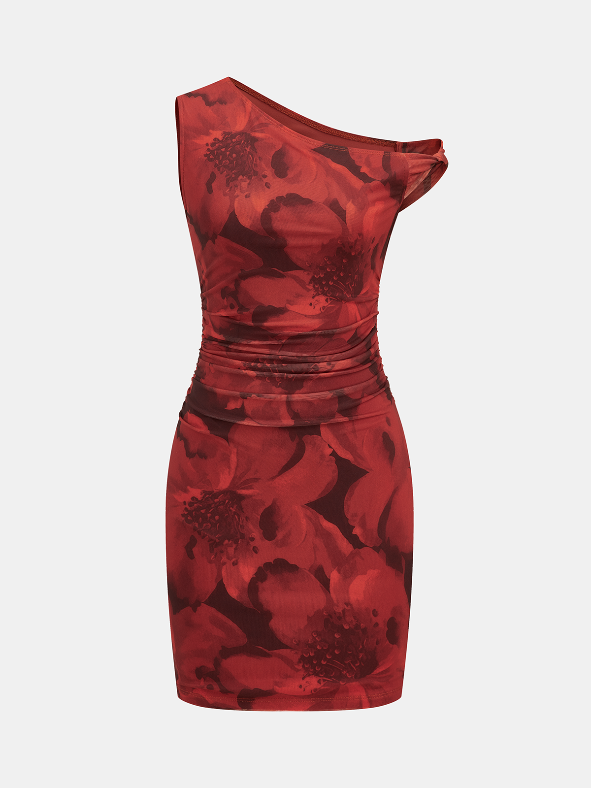 Sleeveless one-shoulder mini dress with ruched mesh and bold red floral print.