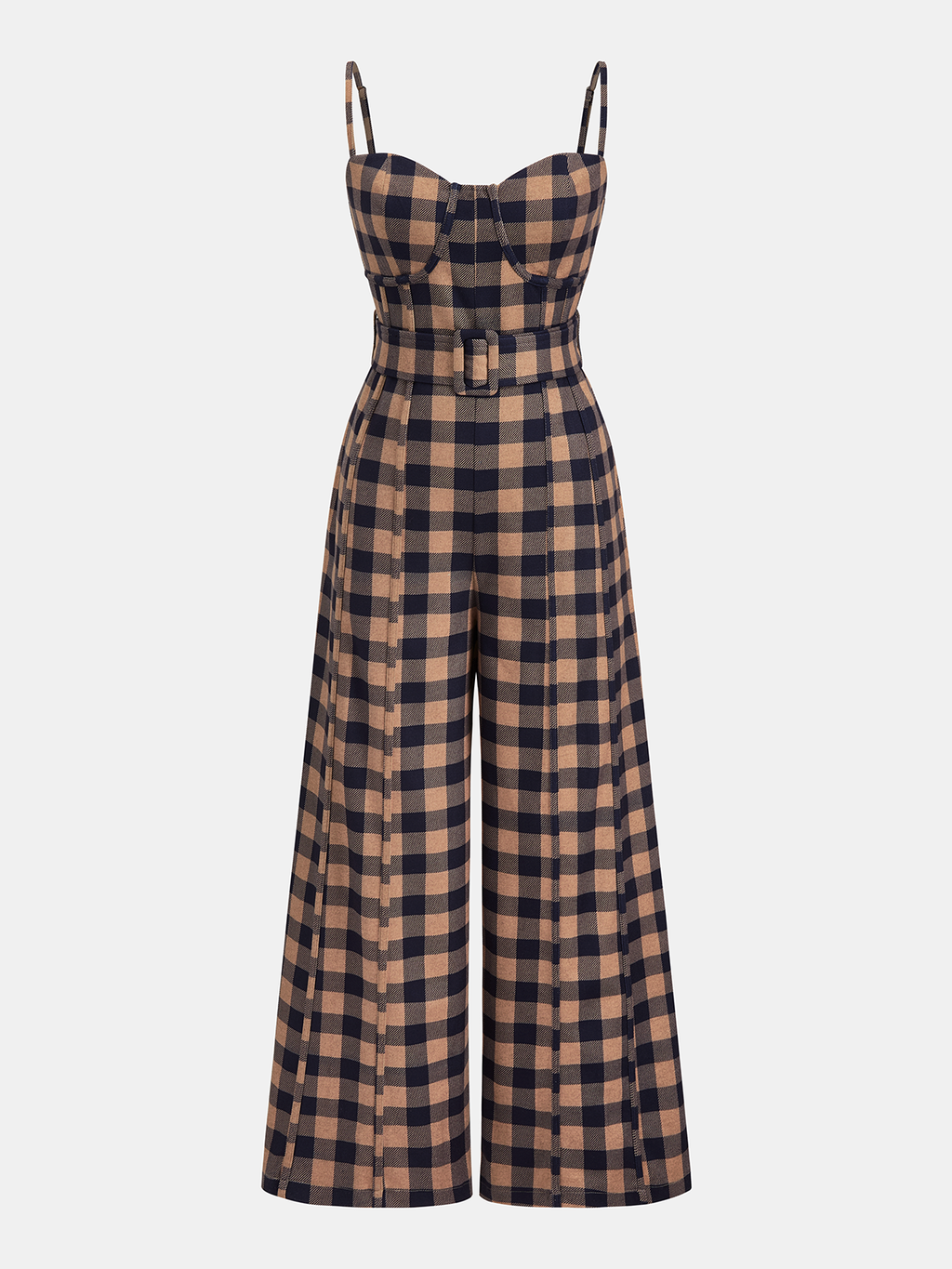 Brown and black plaid wide-leg jumpsuit with belted waist, thin straps, fitted bodice.