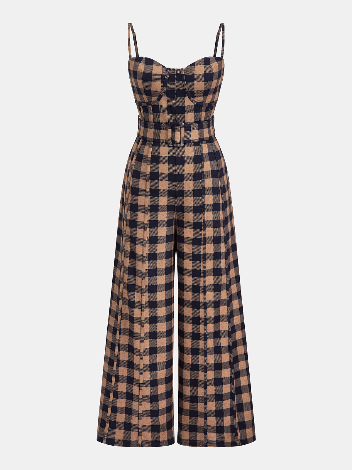 Brown and black plaid wide-leg jumpsuit with belted waist, thin straps, fitted bodice.