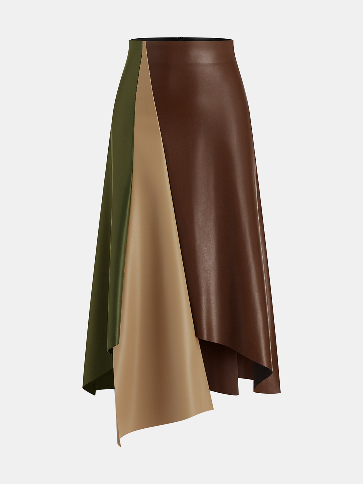 High-waisted midi skirt with brown, tan, and olive panels, asymmetric flare, draped hemline.