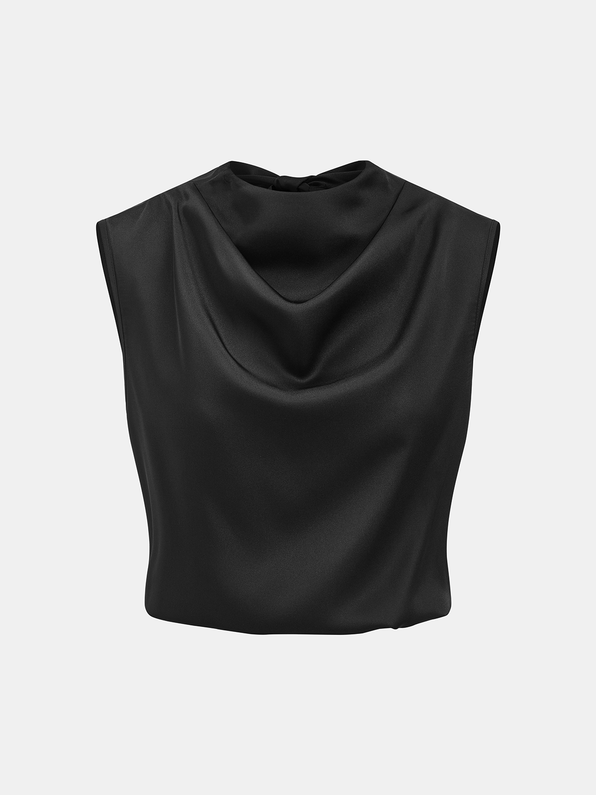 A black polyester sleeveless blouse with satin cowl neck and elegant draped neckline.