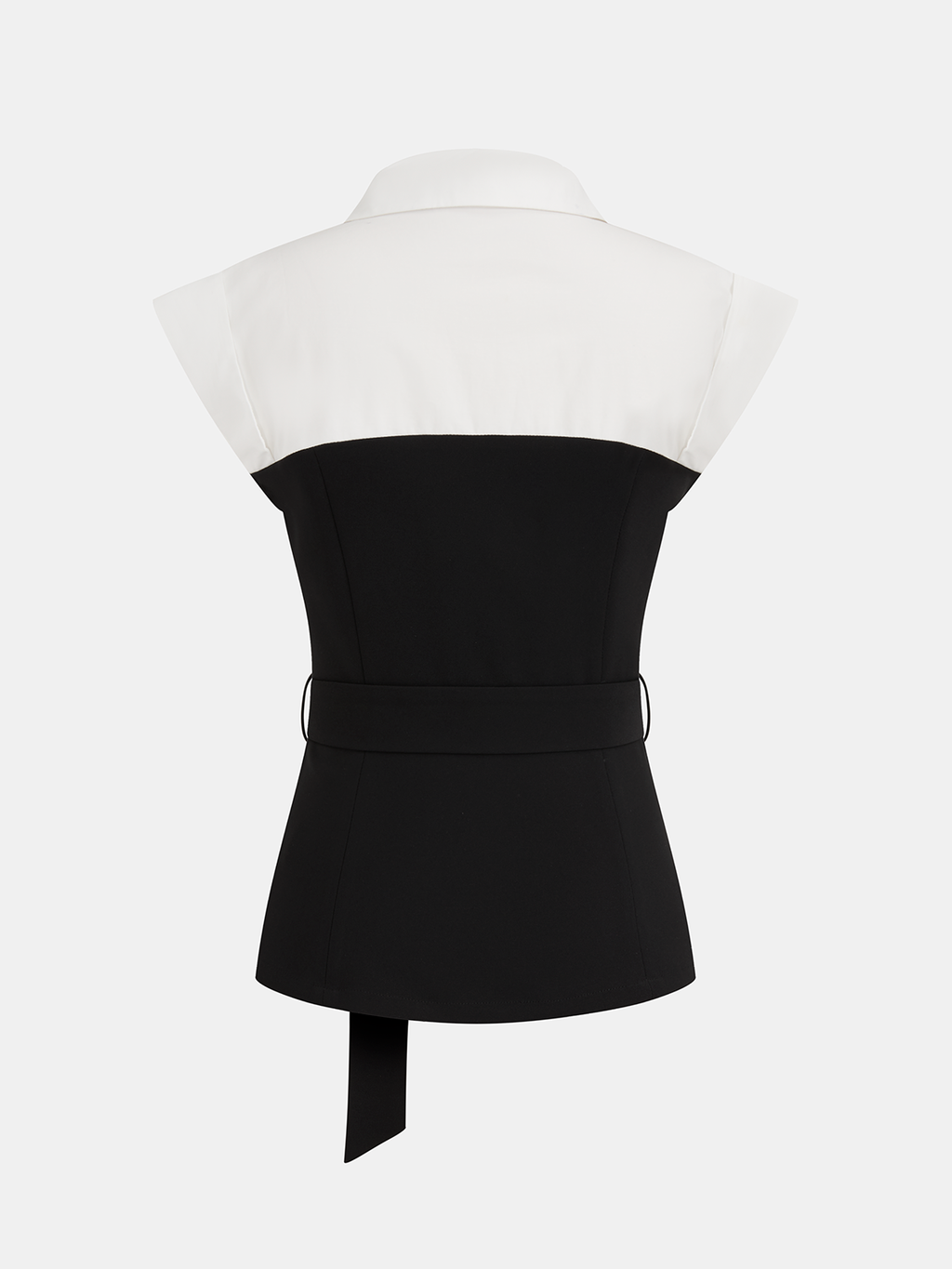 Sleeveless color block blouse with collared neckline, white cap sleeves, and fabric-tied belted waist.