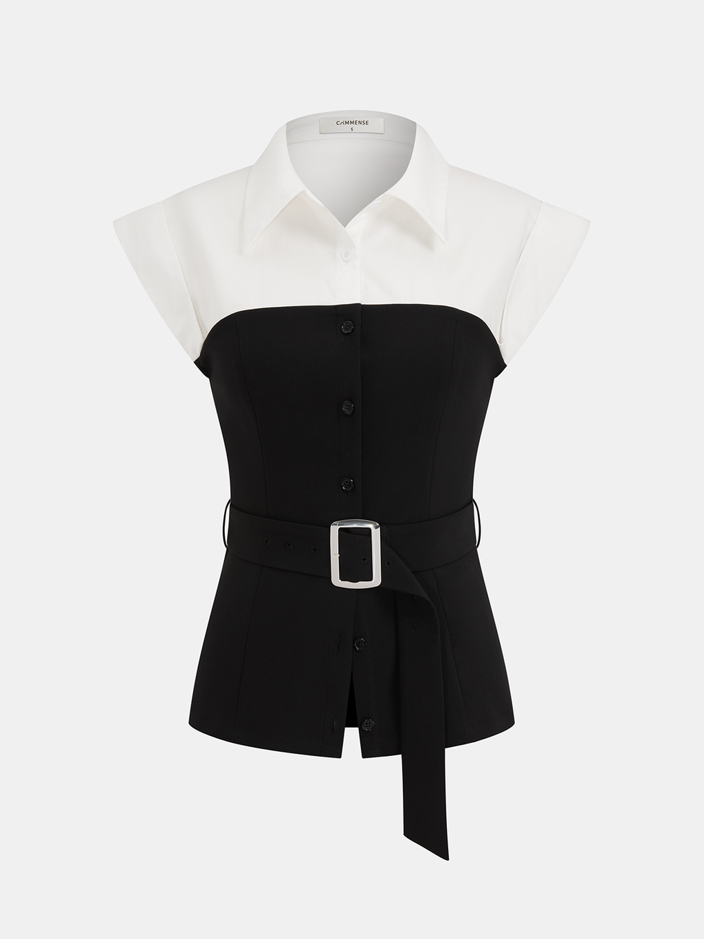 Sleeveless color block blouse with white collar, black button-down bodice, silver-buckled belt.