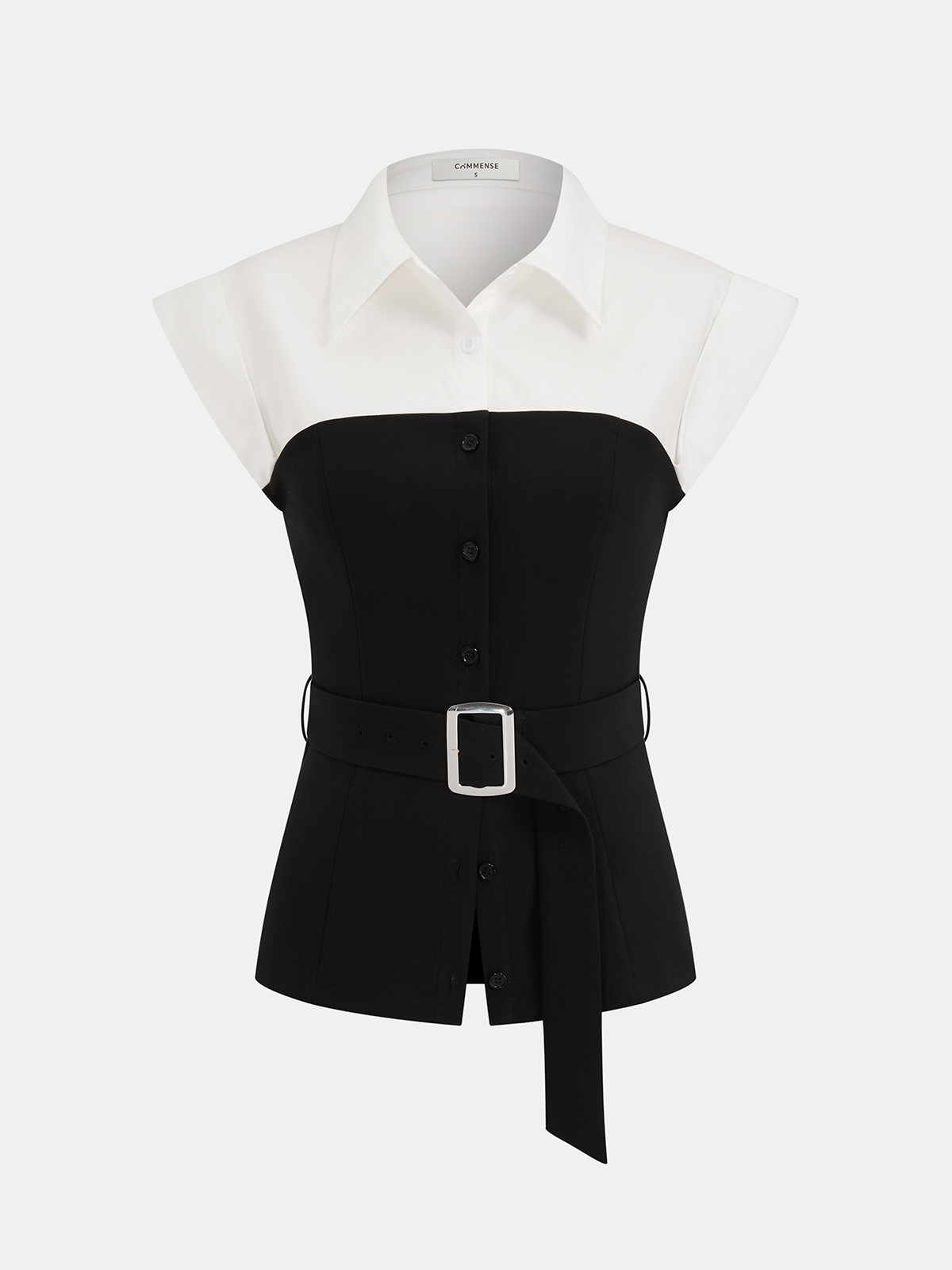 Sleeveless color block blouse with white collar, black button-down bodice, silver-buckled belt.