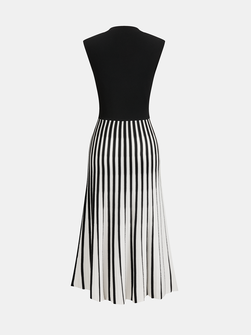 A sleeveless midi dress with a fitted black top and flared white striped skirt.
