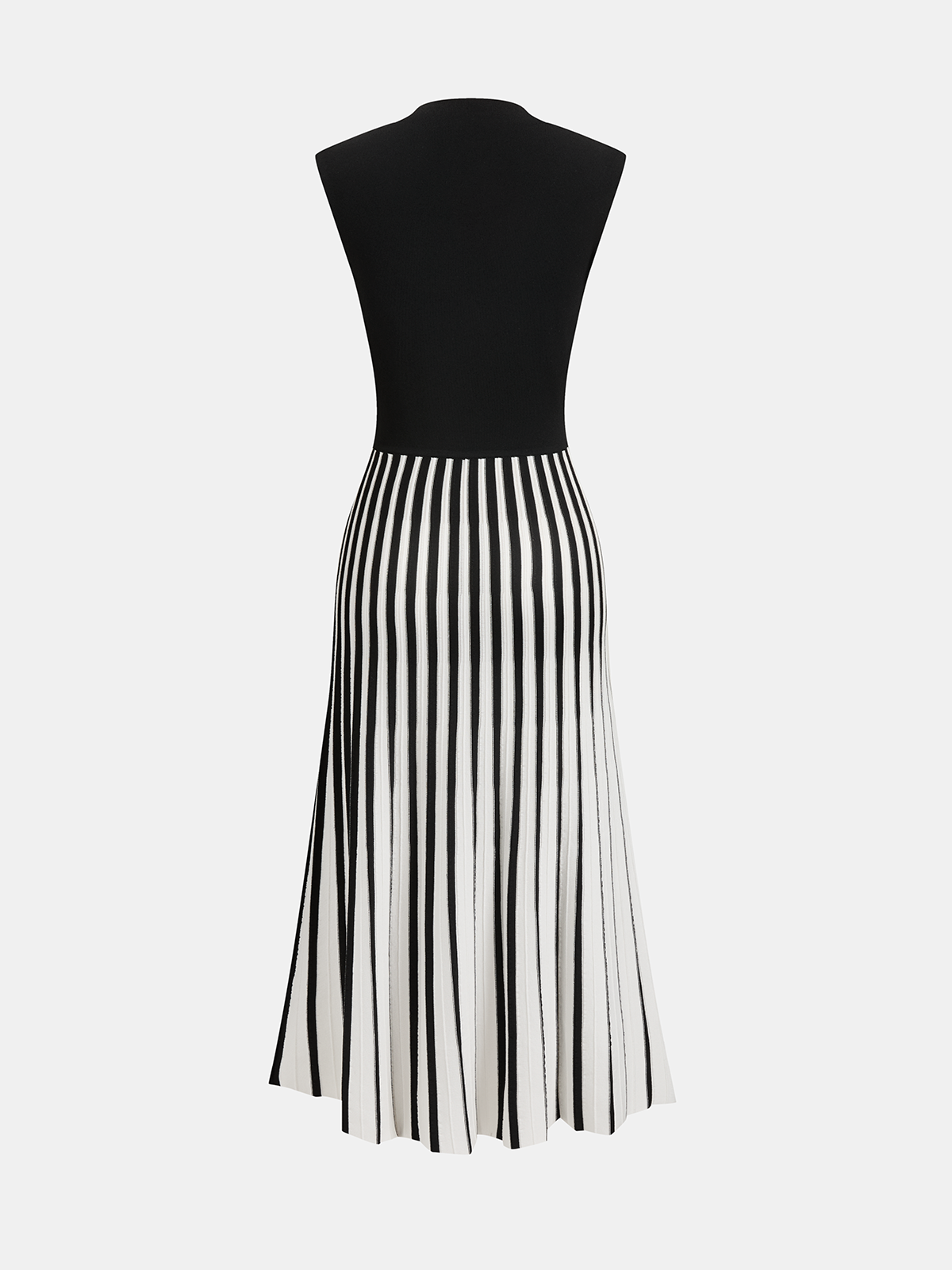 A sleeveless midi dress with a fitted black top and flared white striped skirt.