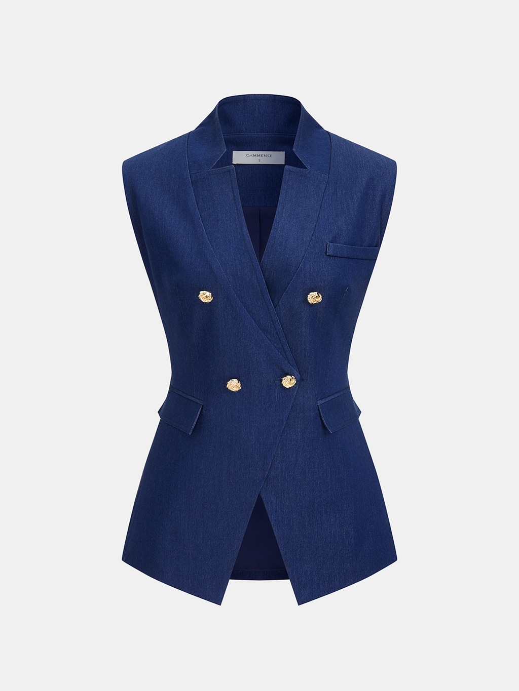 Navy blue sleeveless double-breasted blazer vest with gold buttons, notched lapel, three pockets.