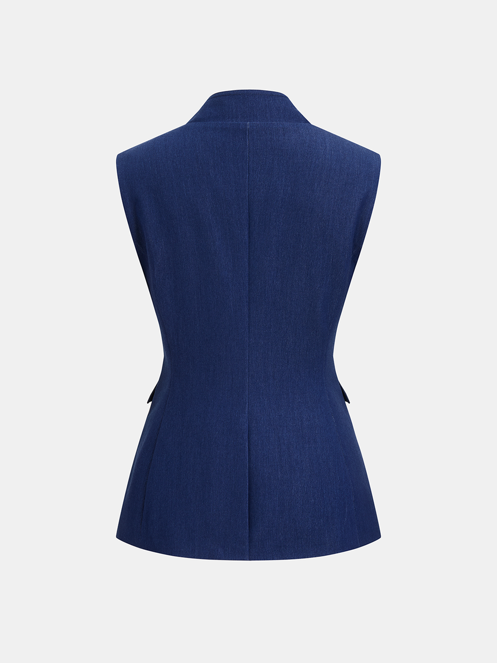 Sleeveless double-breasted blazer vest with tailored fit and a central seam, smart-casual style.