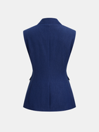 Sleeveless double-breasted blazer vest with tailored fit and a central seam, smart-casual style.