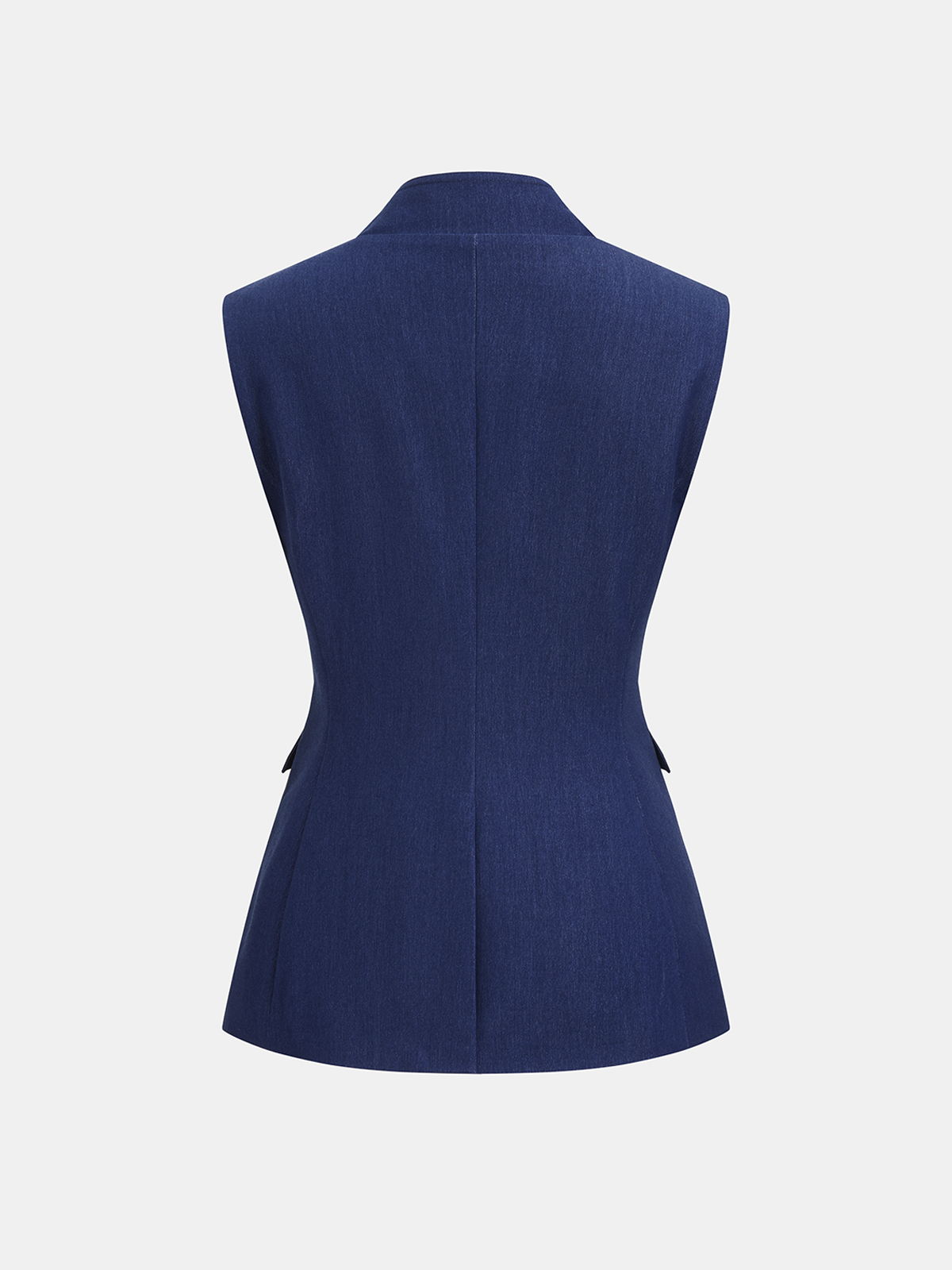 Sleeveless double-breasted blazer vest with tailored fit and a central seam, smart-casual style.
