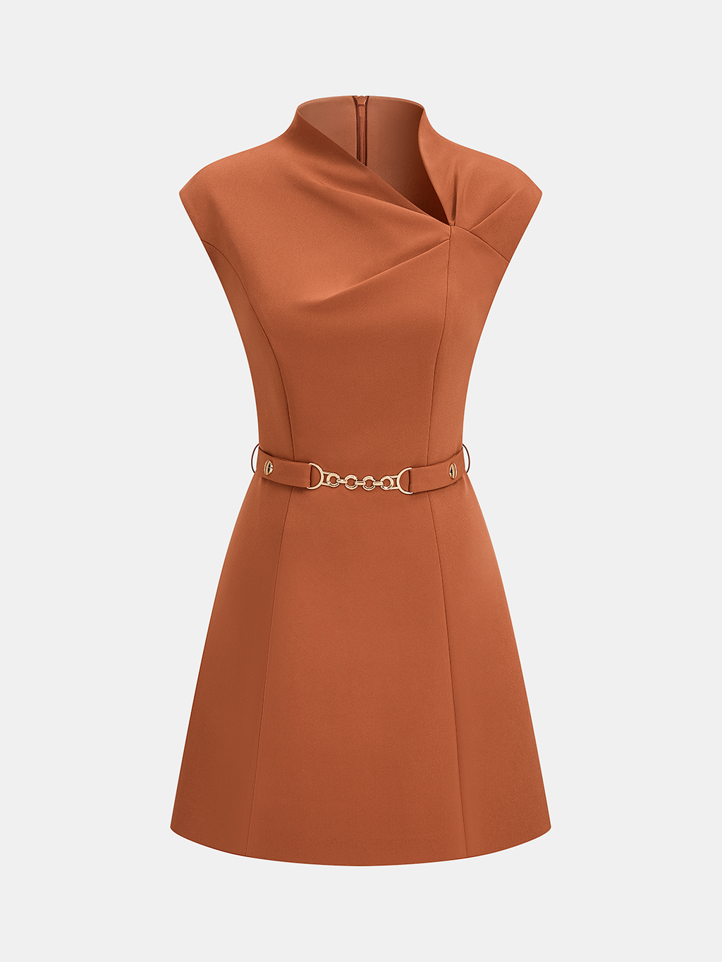 Rust-orange asymmetric sleeveless mini dress with fitted waist and gold chain belt detail.