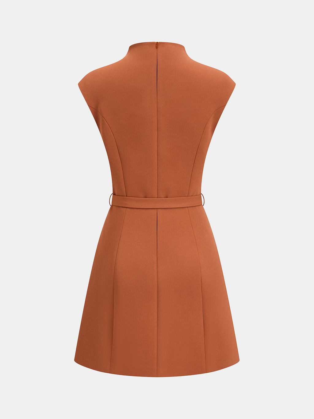 Rust-orange sleeveless mini dress with asymmetric neckline, belted waist, and modern silhouette.