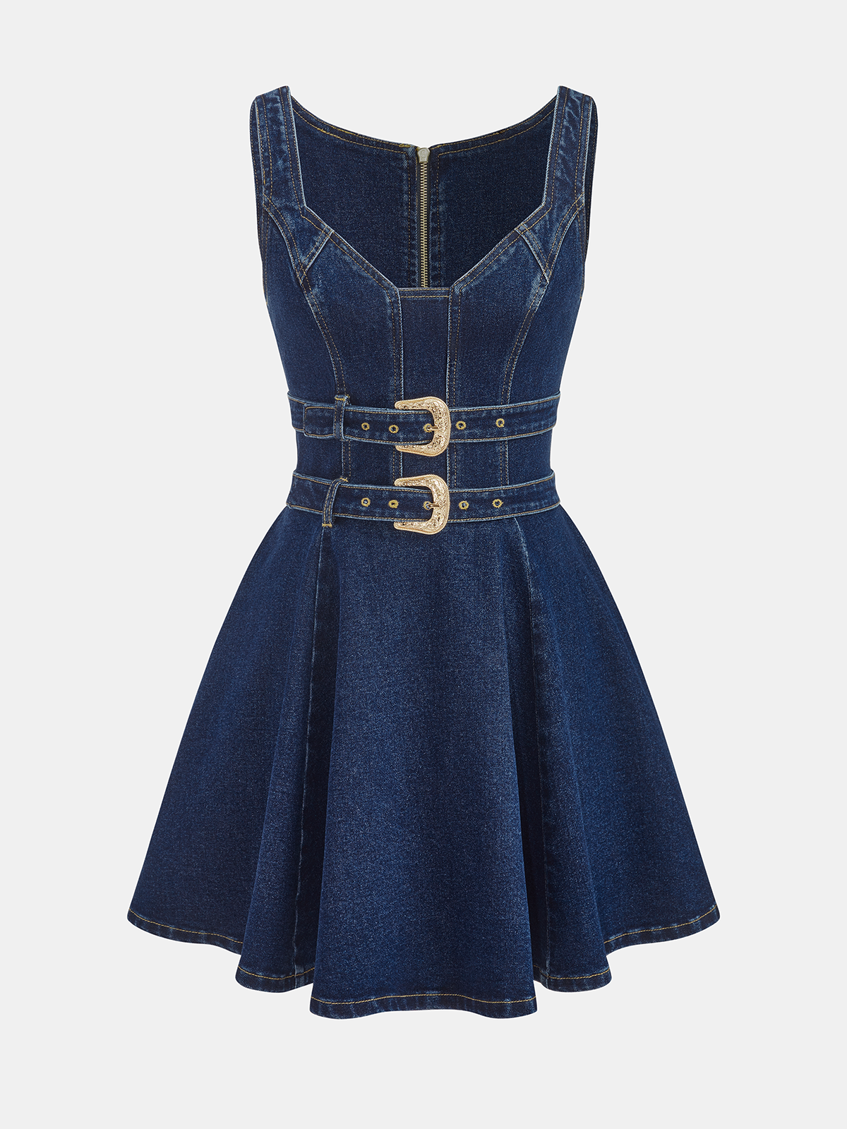 Denim mini dress with fitted bodice, flared skirt, dual buckles, and exposed back zipper.