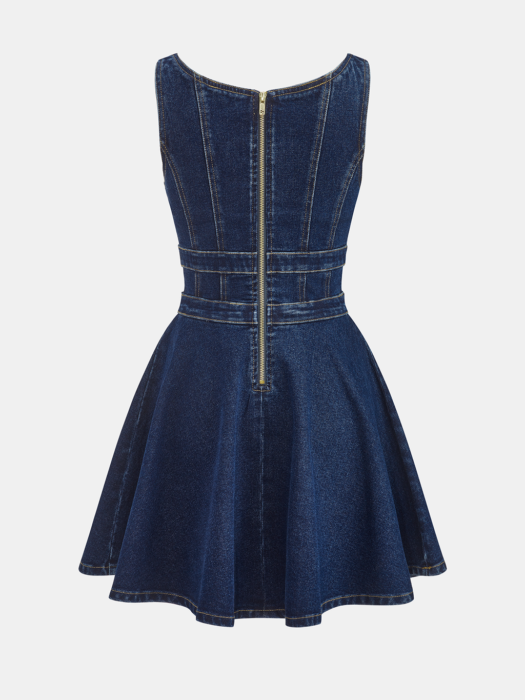 Denim mini dress with dual buckle accents, fitted bodice, flared skirt, visible seams.