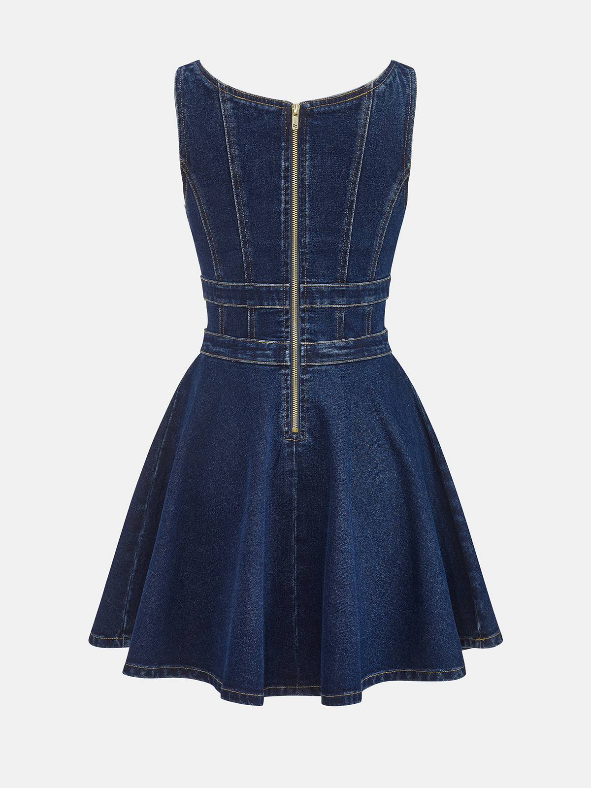 Denim mini dress with dual buckle accents, fitted bodice, flared skirt, visible seams.