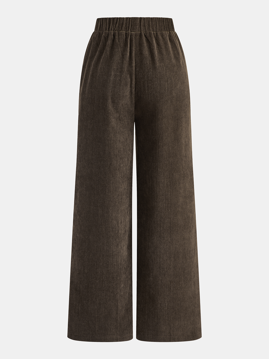 Brown wide-leg corduroy pants with striped side detail and elastic waistband, viewed from back.