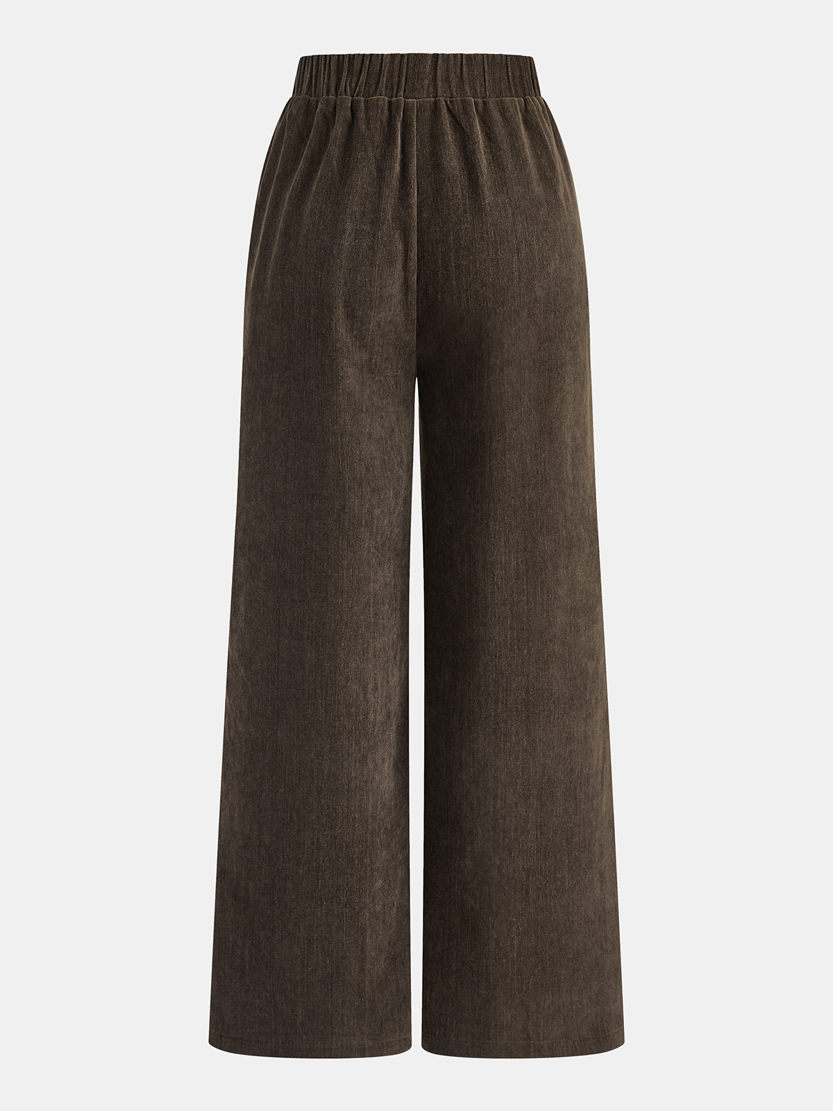 Brown wide-leg corduroy pants with striped side detail and elastic waistband, viewed from back.