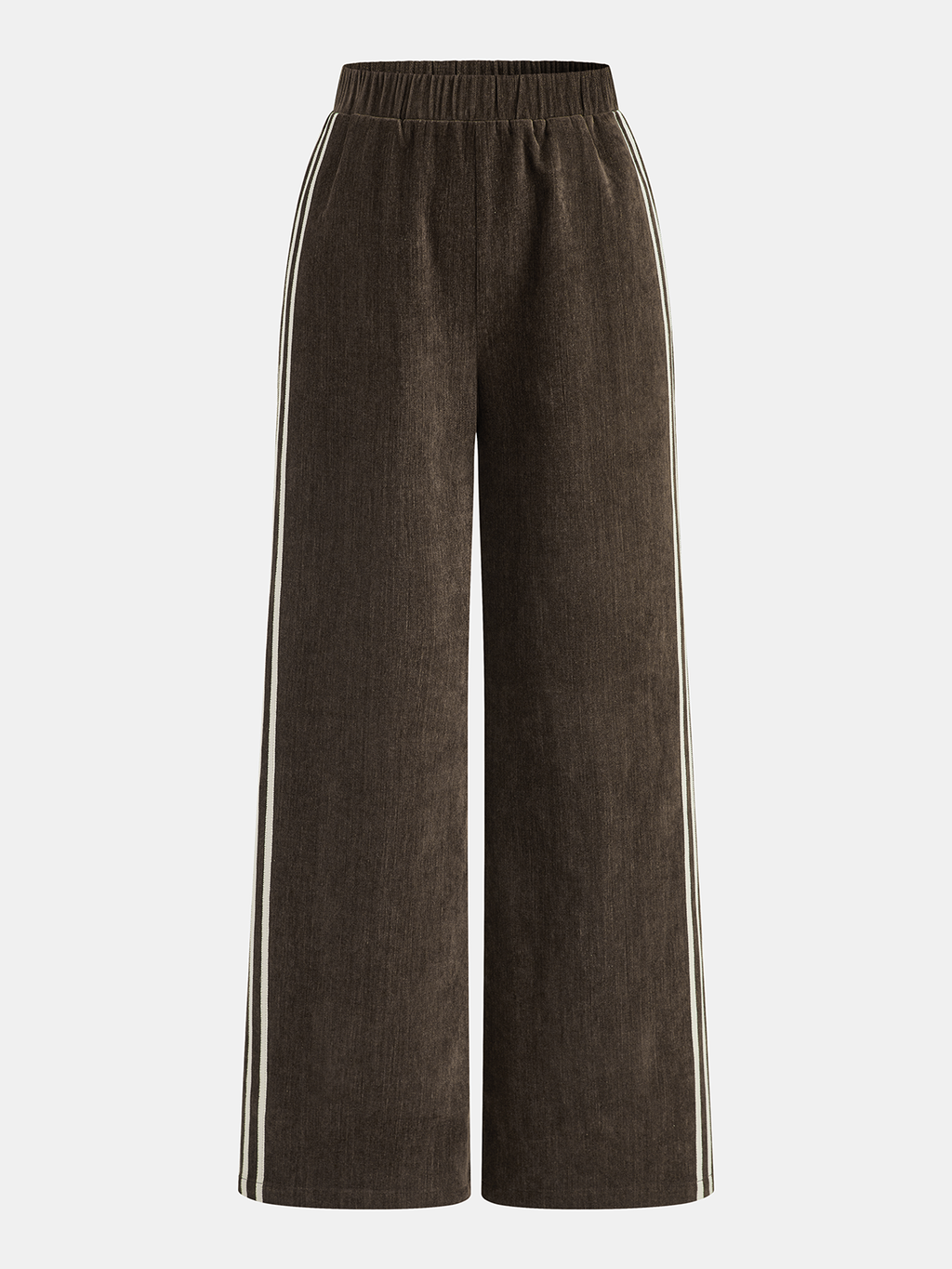Wide-leg brown corduroy pants with white striped sides and an elastic waistband.