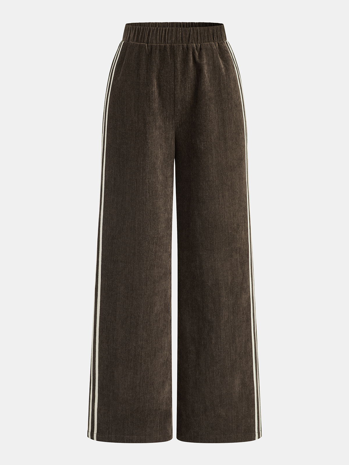Wide-leg brown corduroy pants with white striped sides and an elastic waistband.
