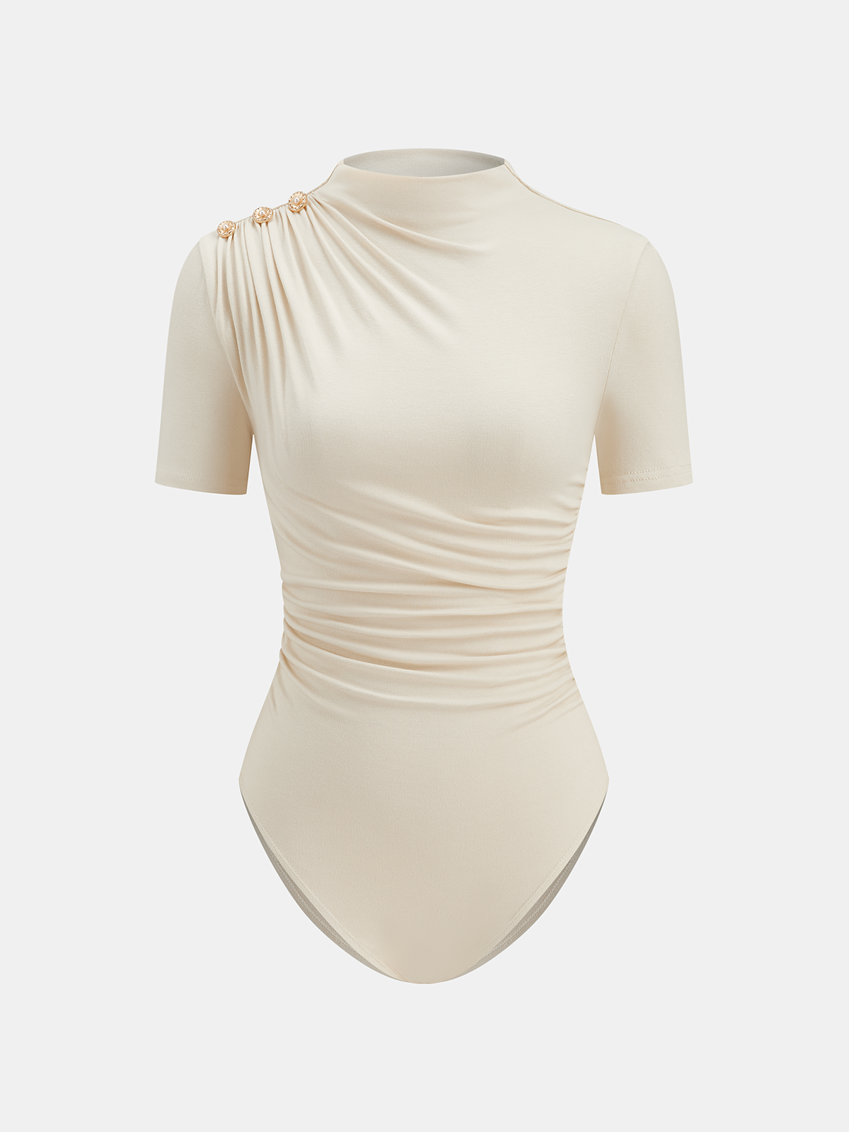 Cream ruched single-shoulder bodysuit with mock neck, gold buttons, and stretch jersey fabric.