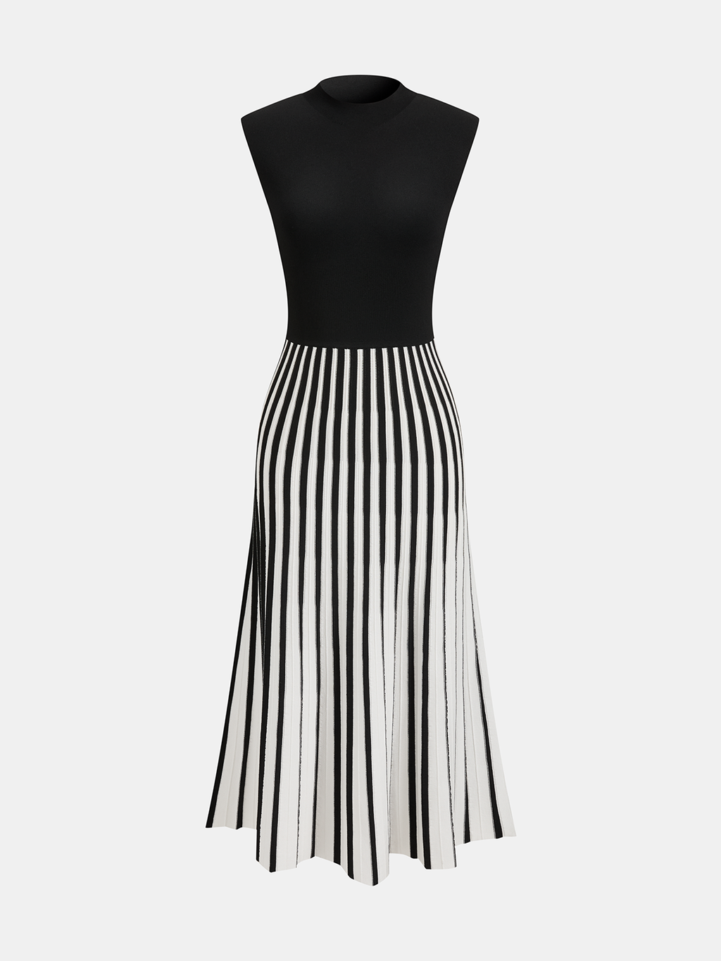 Fitted black bodice dress with flared striped skirt, mock neck, sleeveless, stretch-knit fabric.